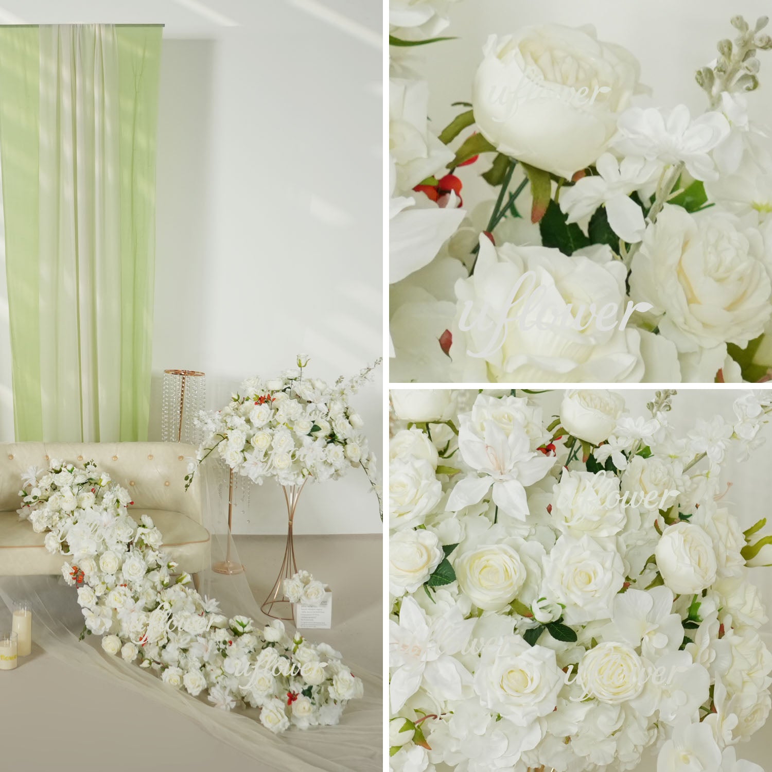 Uflower White Rose Table Runner Sofa Floral Wedding Backdrop Decor